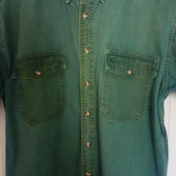 Vintage World Island Denim Button Up Short Sleeve Shirt with Green Dye Size L - Picture 8 of 15